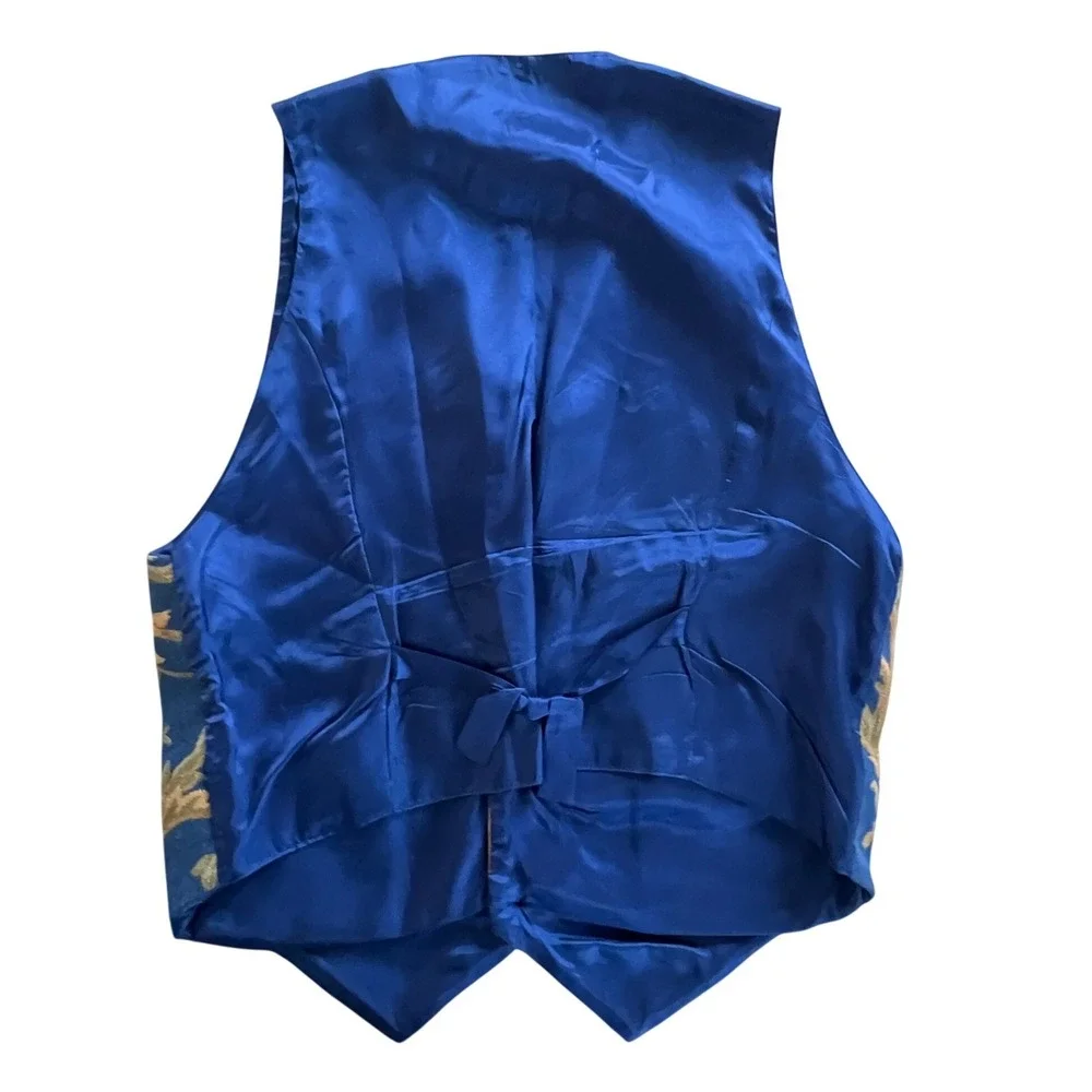 Cafe Vest Men Size 3 Blue Gold Tapestry Floral Damask Vintage Waistcoat USA Made